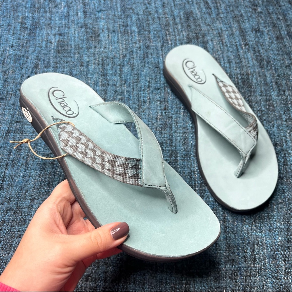 Chaco Teal Leather Houndstooth Flip Flop Sandals Women's Size 10